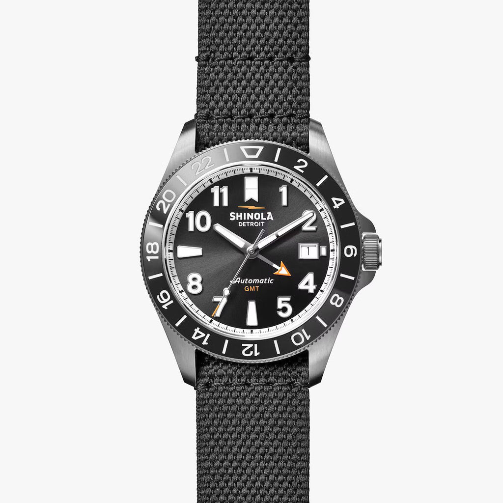Shinola 40mm Monster GMT Black Face Silver Watch with Additional Black Strap Gift Set in Stainless Steel - MJ Christensen Diamonds