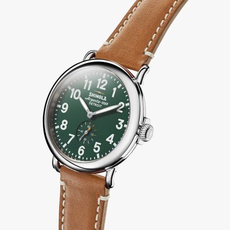 Shinola 41mm Green Runwell Watch with Brown Leather Strap in Stainless Steel - MJ Christensen Diamonds