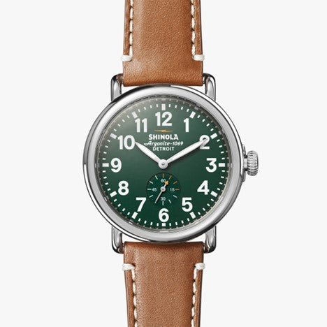 Shinola 41mm Green Runwell Watch with Brown Leather Strap in Stainless Steel - MJ Christensen Diamonds