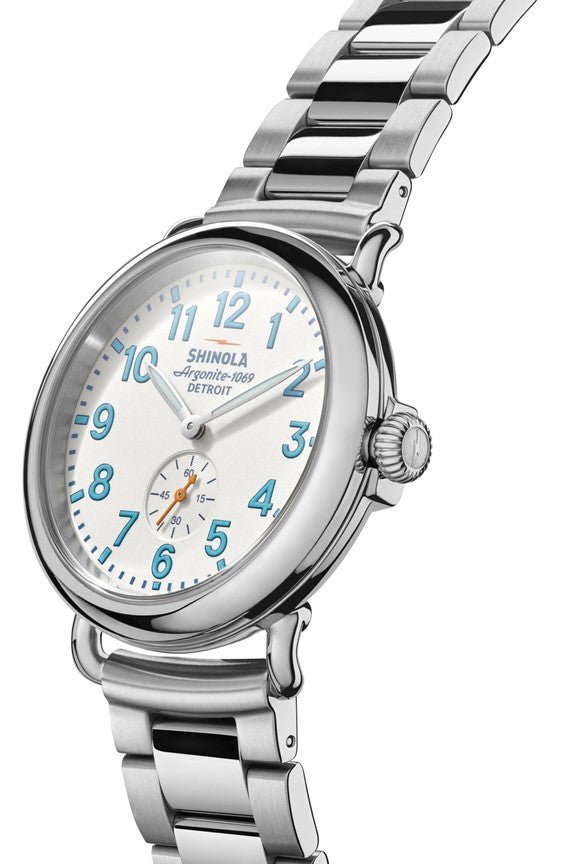 Shinola 41mm Ivory Runwell Sub 2nd Teal Numbers Watch in Stainless Steel - MJ Christensen Diamonds