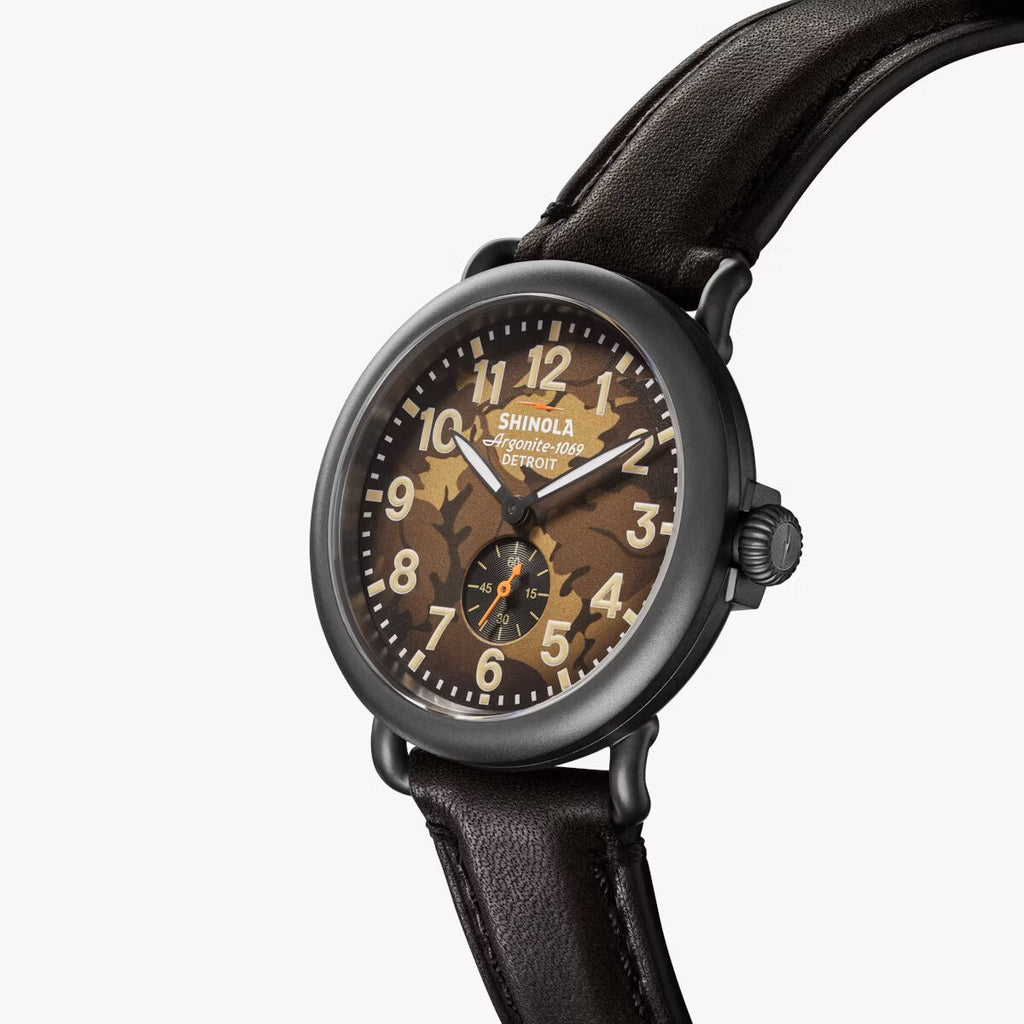 Shinola 41mm Runwell Sub Second Brown Camo Face Black Leather Strap Watch in Stainless Steel - MJ Christensen Diamonds