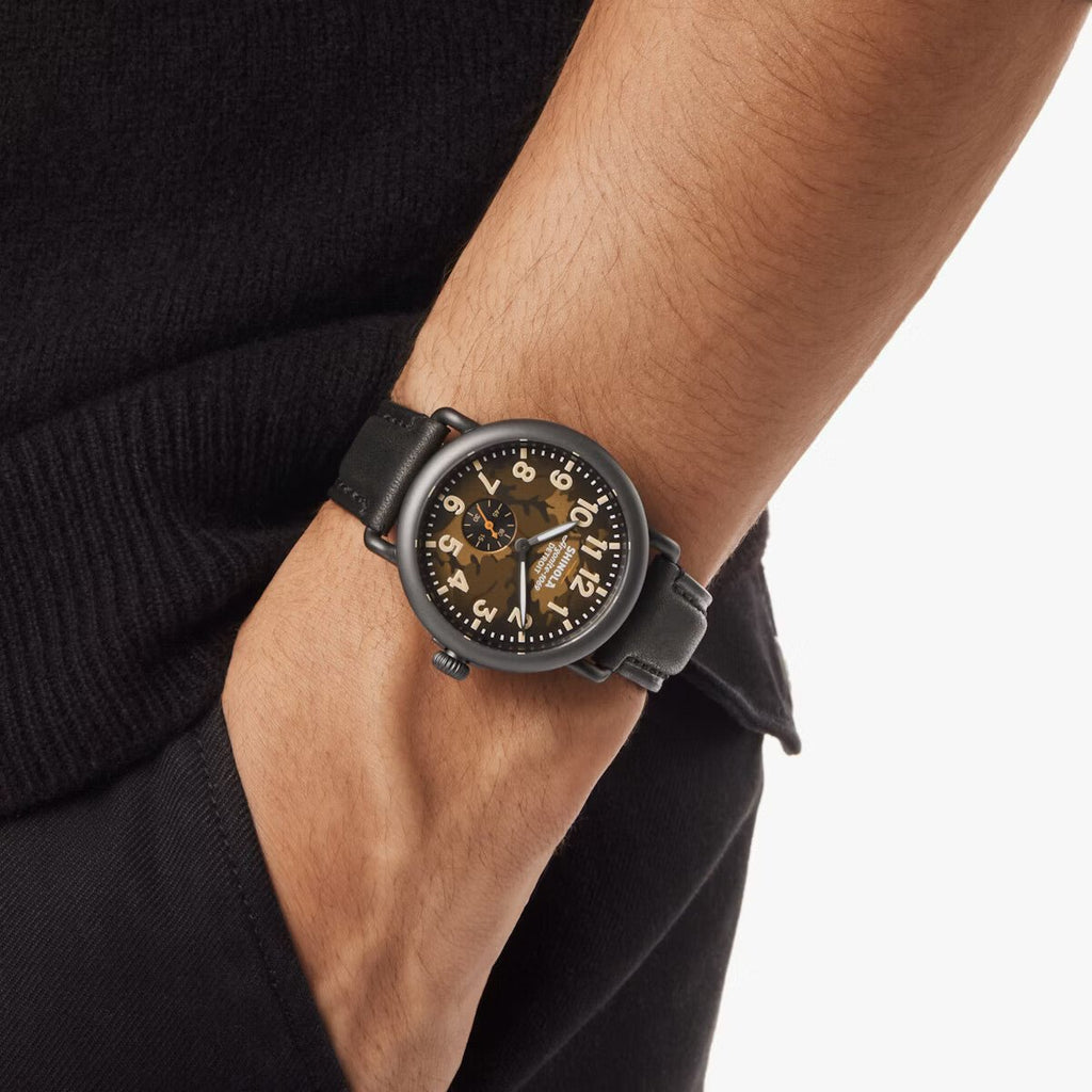 Shinola 41mm Runwell Sub Second Brown Camo Face Black Leather Strap Watch in Stainless Steel - MJ Christensen Diamonds