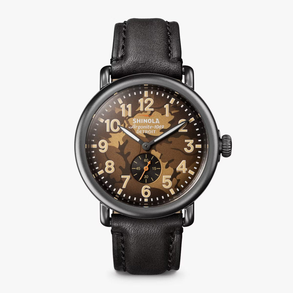 Shinola 41mm Runwell Sub Second Brown Camo Face Black Leather Strap Watch in Stainless Steel - MJ Christensen Diamonds