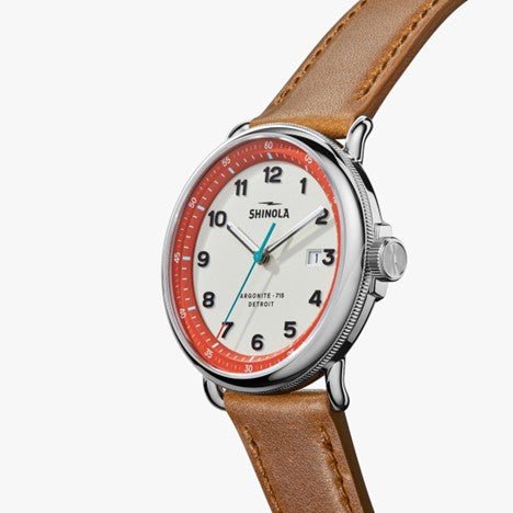 Shinola 43mm Canfield Beige Dial Teal Hand Bourbon Leather Strap Watch in Stainless Steel - MJ Christensen Diamonds