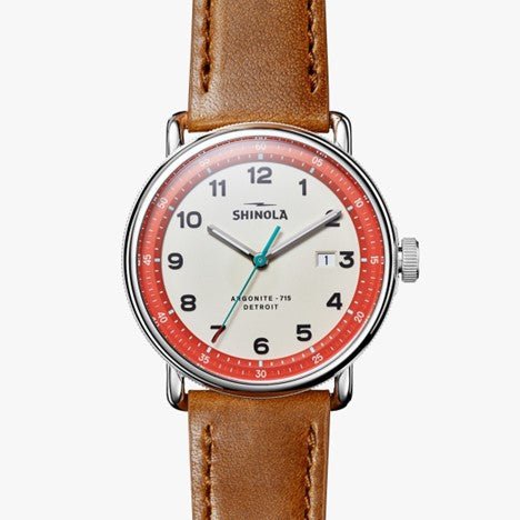 Shinola 43mm Canfield Beige Dial Teal Hand Bourbon Leather Strap Watch in Stainless Steel - MJ Christensen Diamonds