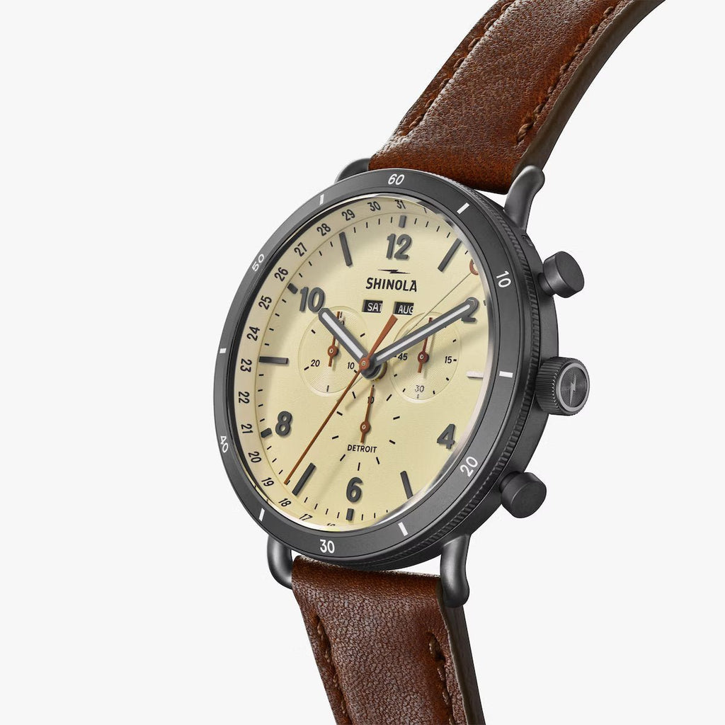 Shinola 45mm Canfield Sport Lt Gray Face Cattail Leather Strap Watch in Stainless Steel - MJ Christensen Diamonds
