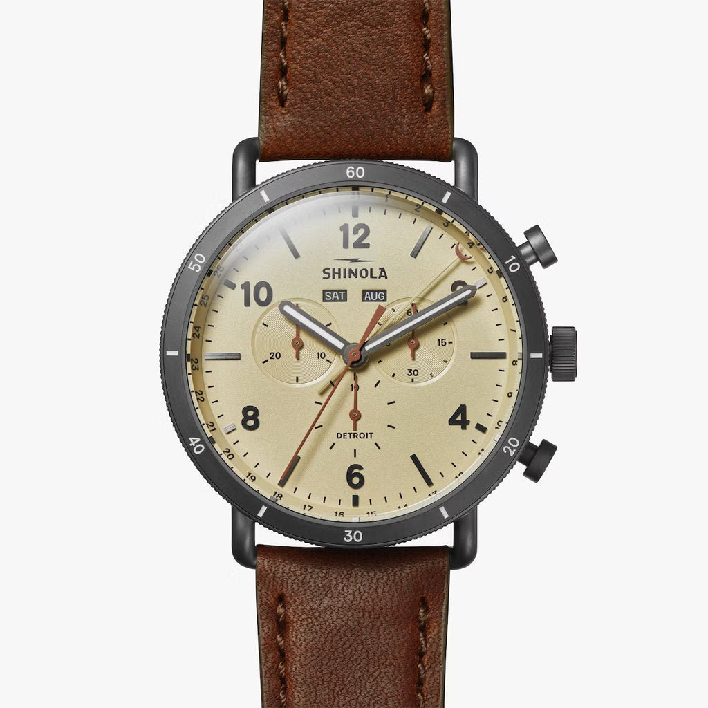 Shinola 45mm Canfield Sport Lt Gray Face Cattail Leather Strap Watch in Stainless Steel - MJ Christensen Diamonds