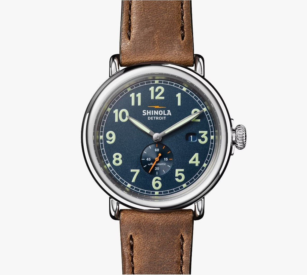 Shinola 45mm Runwell Automatic Date Blue Dial British Tan Strap Watch in Stainless Steel - MJ Christensen Diamonds