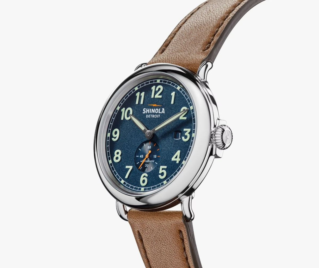 Shinola 45mm Runwell Automatic Date Blue Dial British Tan Strap Watch in Stainless Steel - MJ Christensen Diamonds