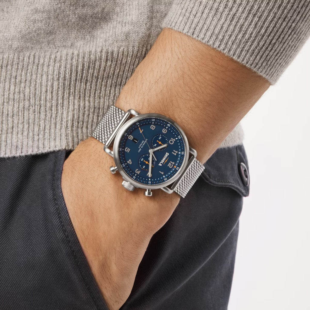 Shinola Canfield Chrono 43mm Dark Blue Face Men's Watch in Stainless Steel - MJ Christensen Diamonds