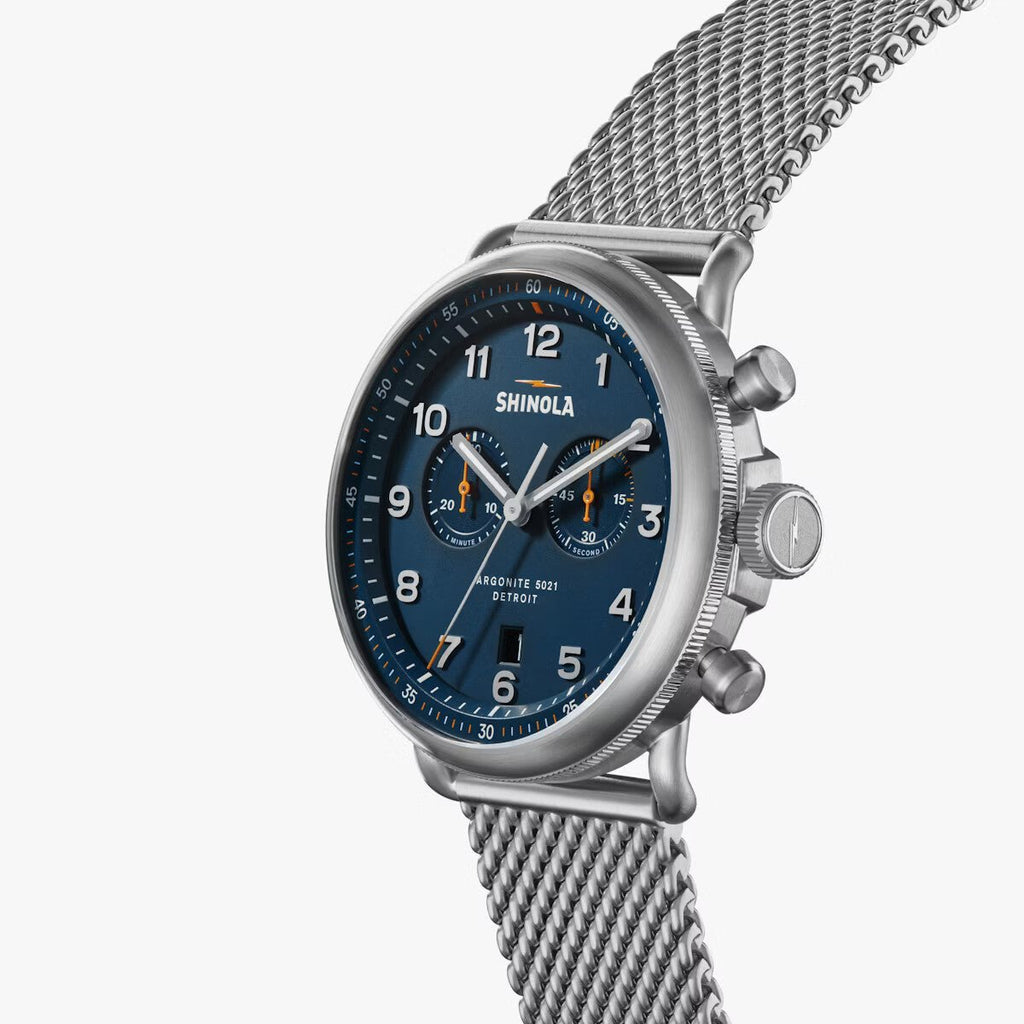 Shinola Canfield Chrono 43mm Dark Blue Face Men's Watch in Stainless Steel - MJ Christensen Diamonds