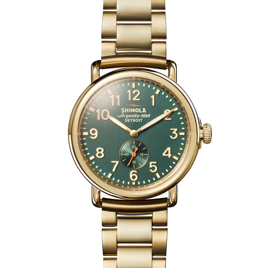 Shinola Runwell 41mm Gold Plated Green Dial Watch in Gold Plated Stainless Steel - MJ Christensen Diamonds