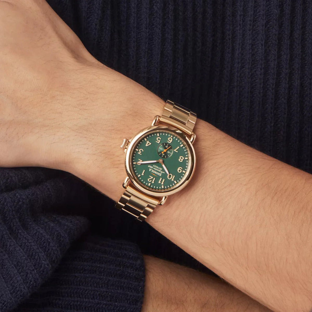 Shinola Runwell 41mm Gold Plated Green Dial Watch in Gold Plated Stainless Steel - MJ Christensen Diamonds