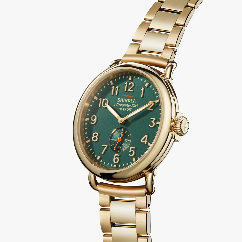 Shinola Runwell 41mm Gold Plated Green Dial Watch in Gold Plated Stainless Steel - MJ Christensen Diamonds