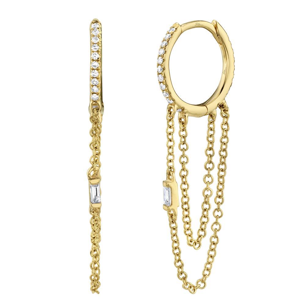 SHY Creation Baguette Diamond Dangle Chain Huggie Earrings in 14K Yellow Gold (.18ctw) - MJ Christensen Diamonds