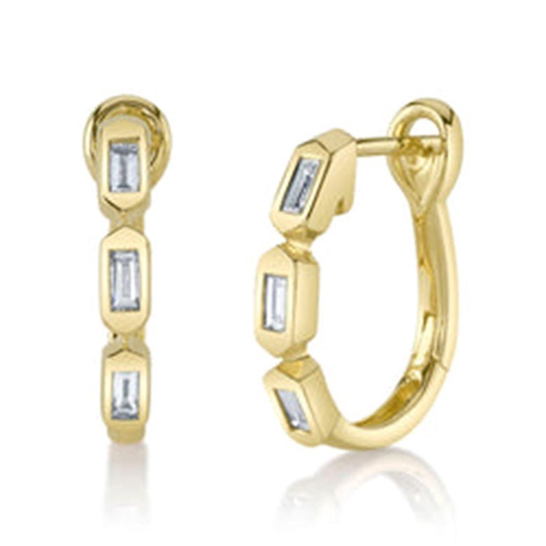 SHY Creation Bezel Oval Mini Hoop Earrings with .30ctw Baguette Diamonds in 14K Yellow Gold - MJ Christensen Diamonds