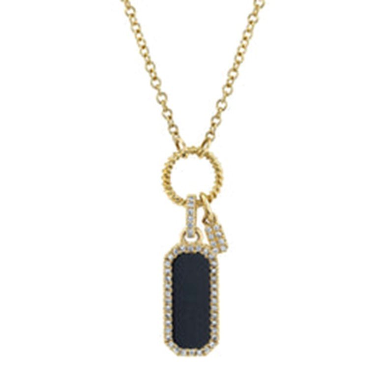 SHY Creation Black Onyx and Diamond Halo Mini Dog Tag Pendant in 14K Yellow Gold (0.73ctw) - MJ Christensen Diamonds