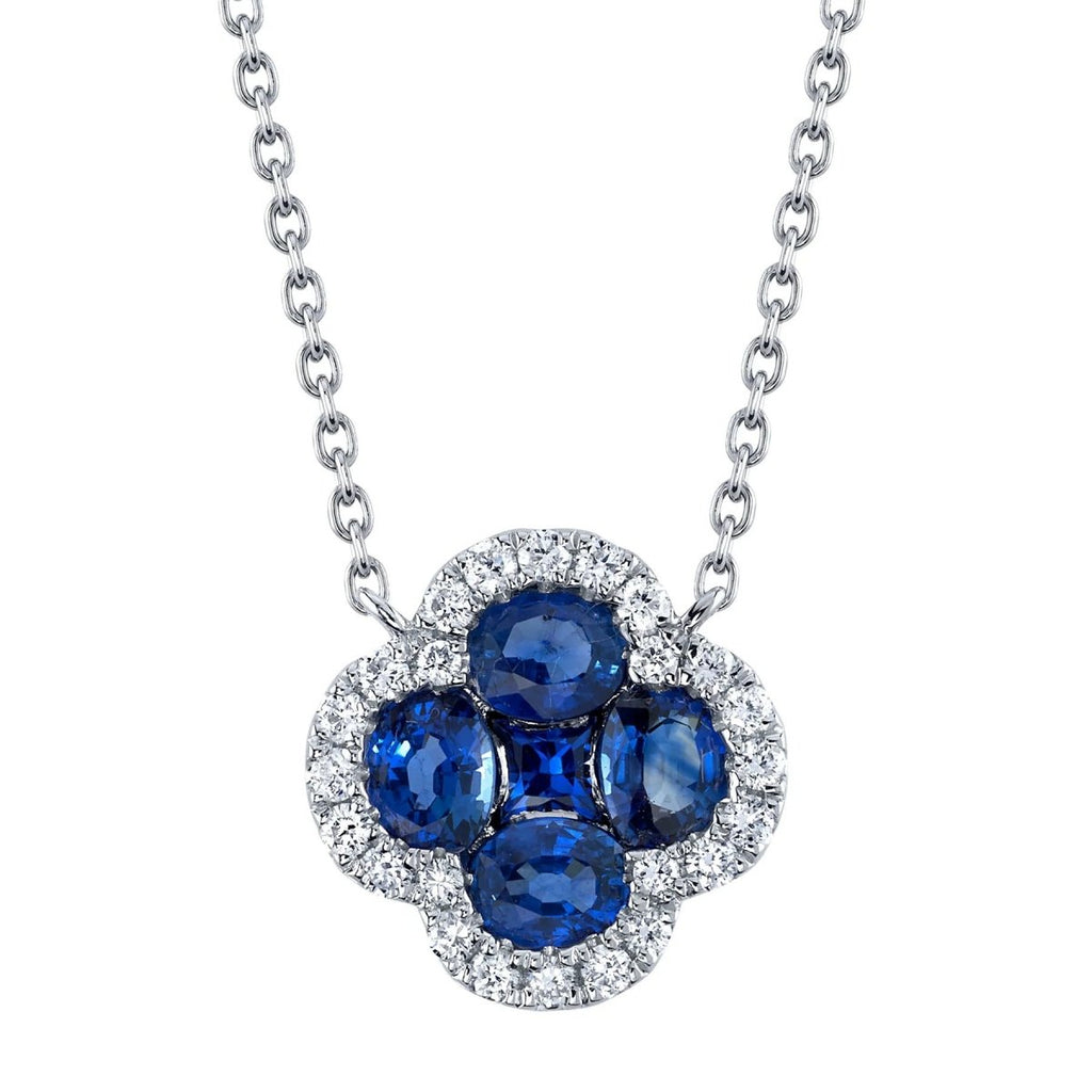 SHY Creation Blue Sapphire and Diamond Clover Pendant in 14K White Gold (1.3ctw) - MJ Christensen Diamonds