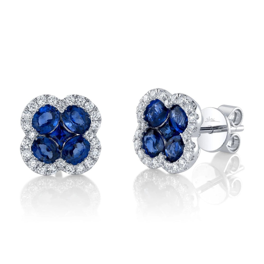 SHY Creation Clover Stud Earrings with Blue Sapphire and Diamond in 14K White Gold (2.31ctw, 0.33ctw) - MJ Christensen Diamonds