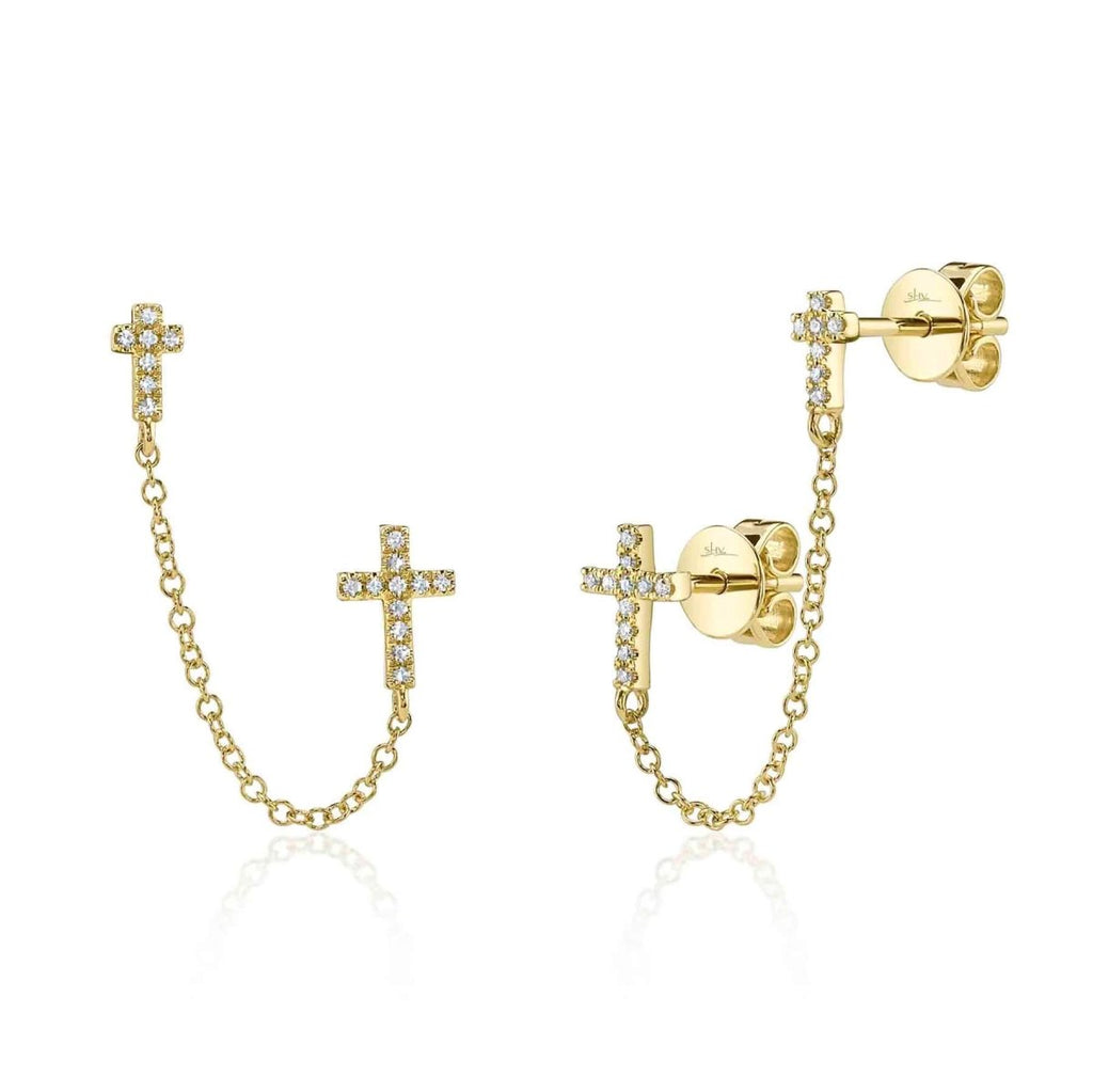 SHY Creation Cross Chain Double Post Earrings in 14K Yellow Gold (0.08ctw) - MJ Christensen Diamonds