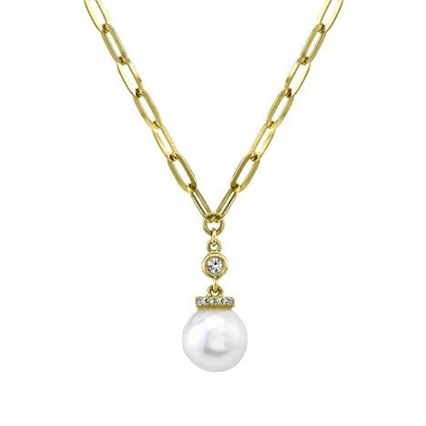 SHY Creation Diamond Cultured Pearl Medium Paper Clip Link Pendant in 14K Yellow Gold (0.05ctw) - MJ Christensen Diamonds