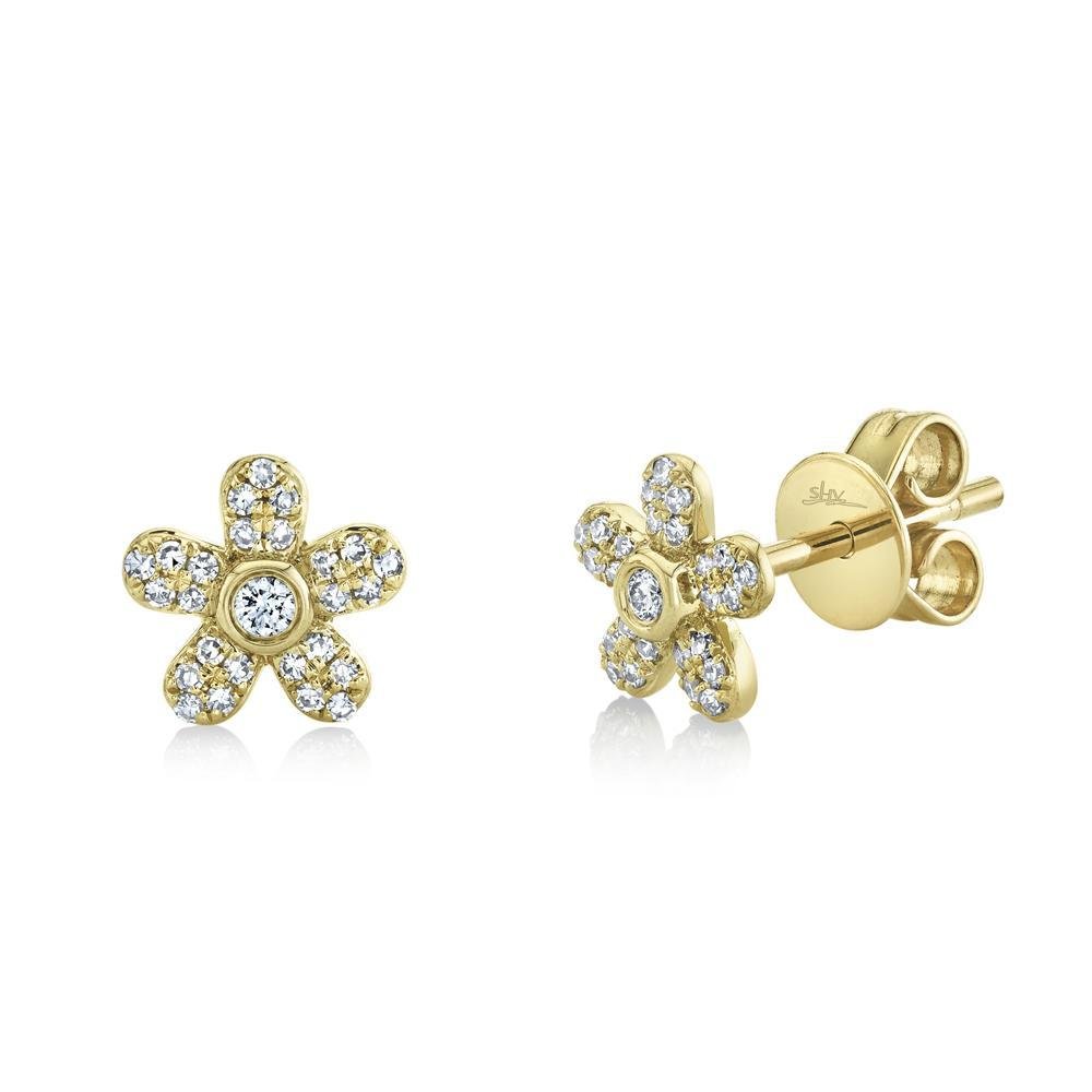 SHY Creation Flower Stud Earrings set with 0.15ctw Diamond in 14K Yellow Gold - MJ Christensen Diamonds