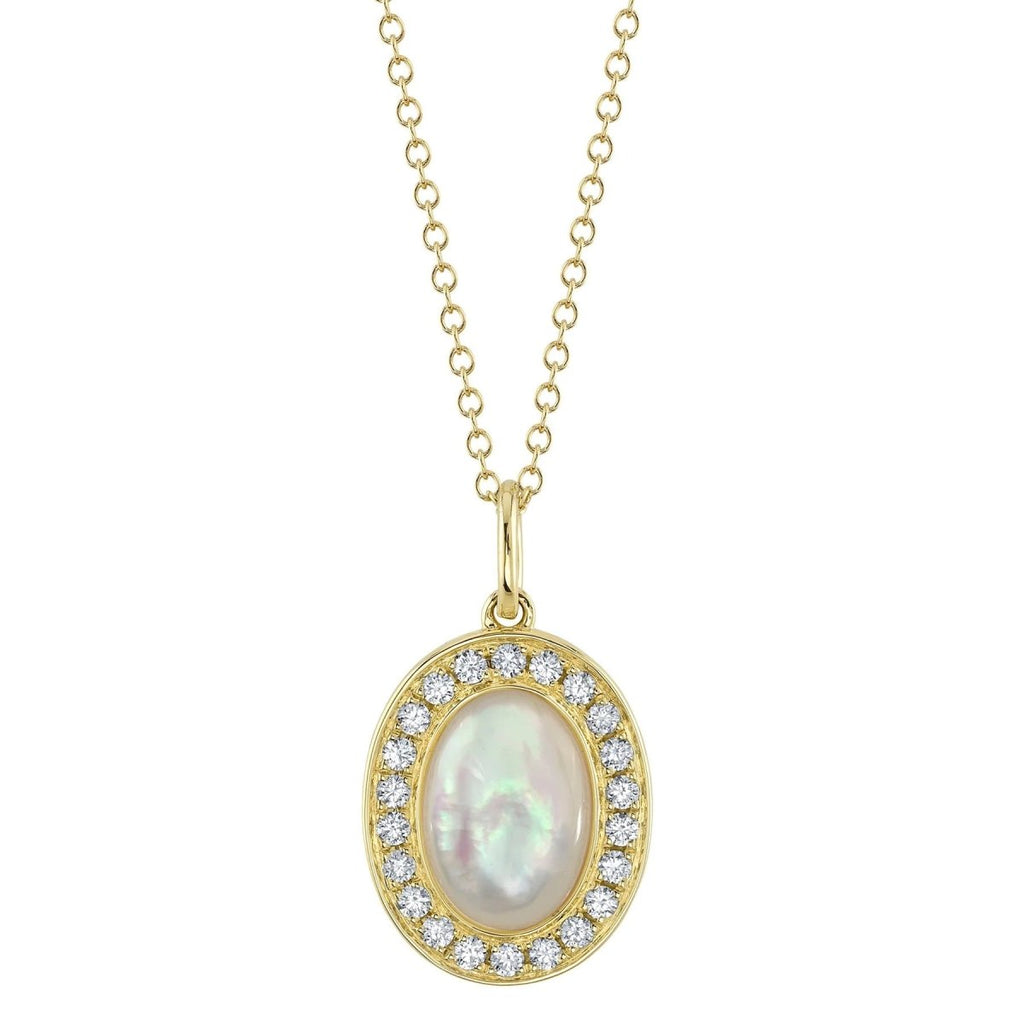SHY Creation Oval Mother of Pearl and Diamond Halo Adjustable Pendant in 14K Yellow Gold (1.43ct MOP, 0.24ctw) - MJ Christensen Diamonds