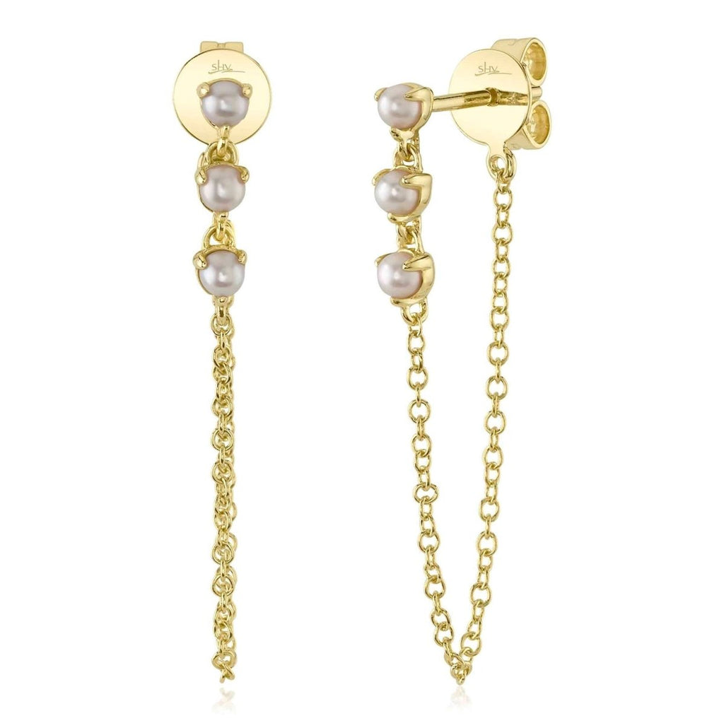SHY Creation Pearl Chain Stud Earrings in 14K Yellow Gold - MJ Christensen Diamonds
