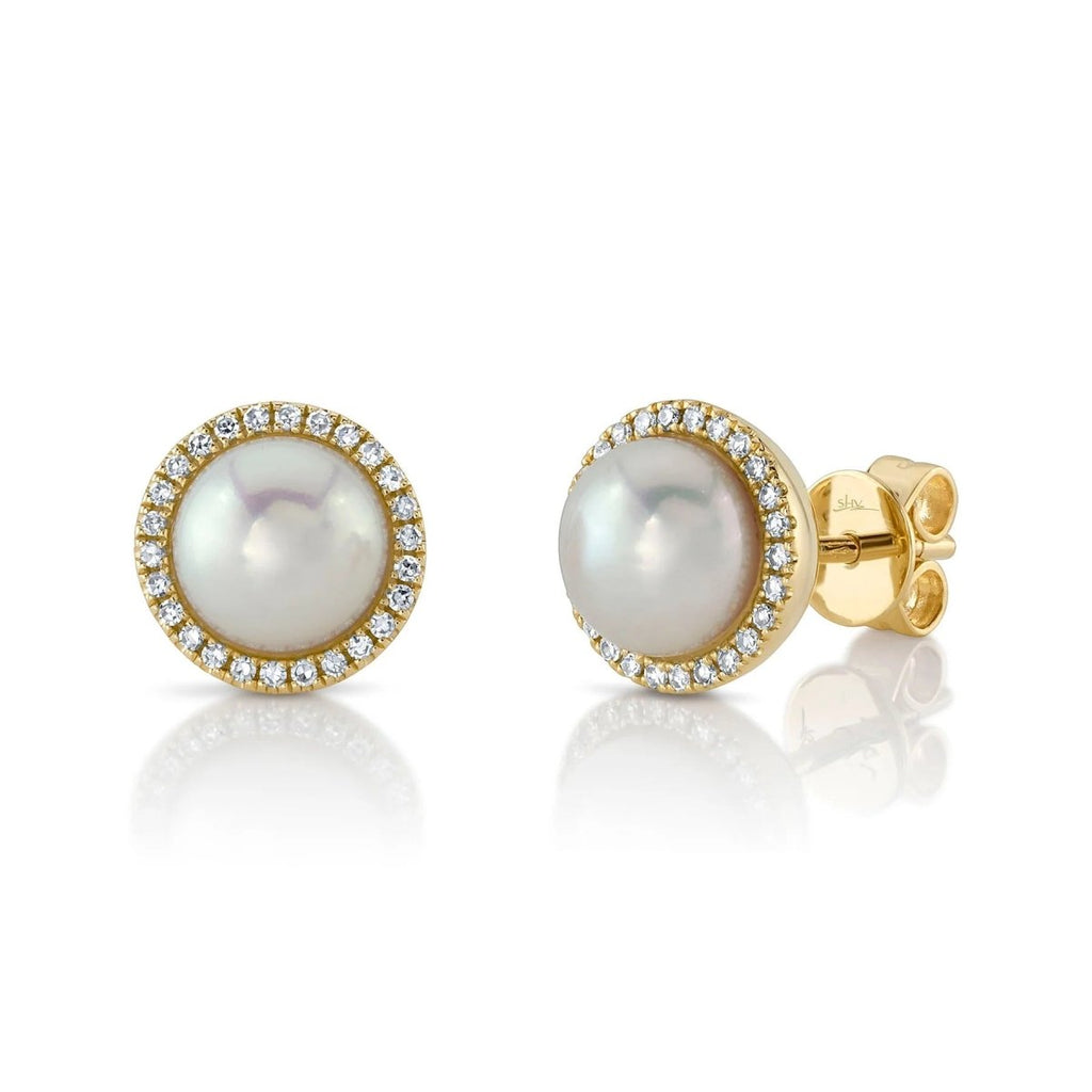 SHY Creation Round Cultured Pearl Halo Stud Earrings in 14K Yellow Gold (0.16ctw) - MJ Christensen Diamonds
