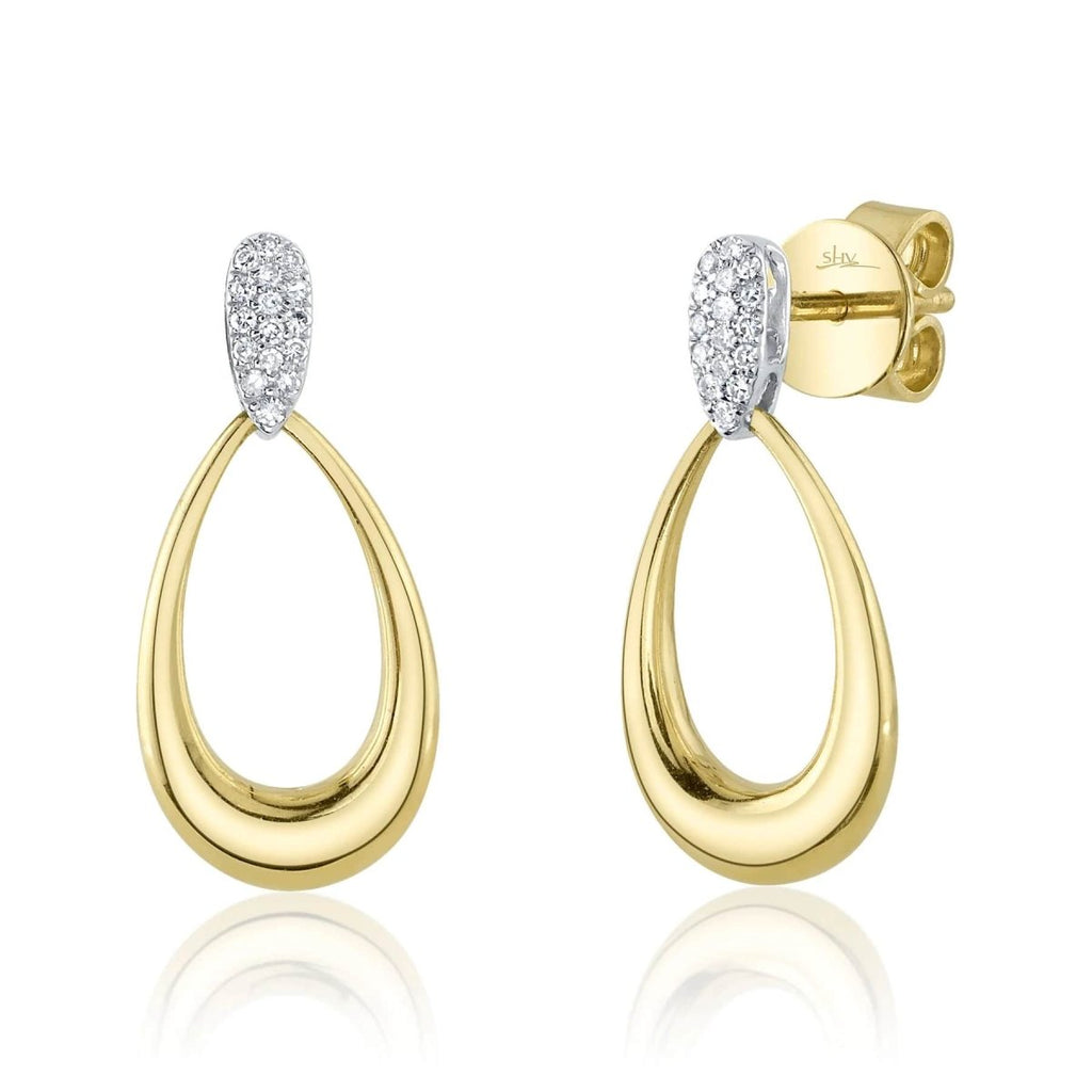 SHY Creation Round Diamond Pave Open Teardrop Earrings in 14K Yellow and White Gold (0.07ctw) - MJ Christensen Diamonds
