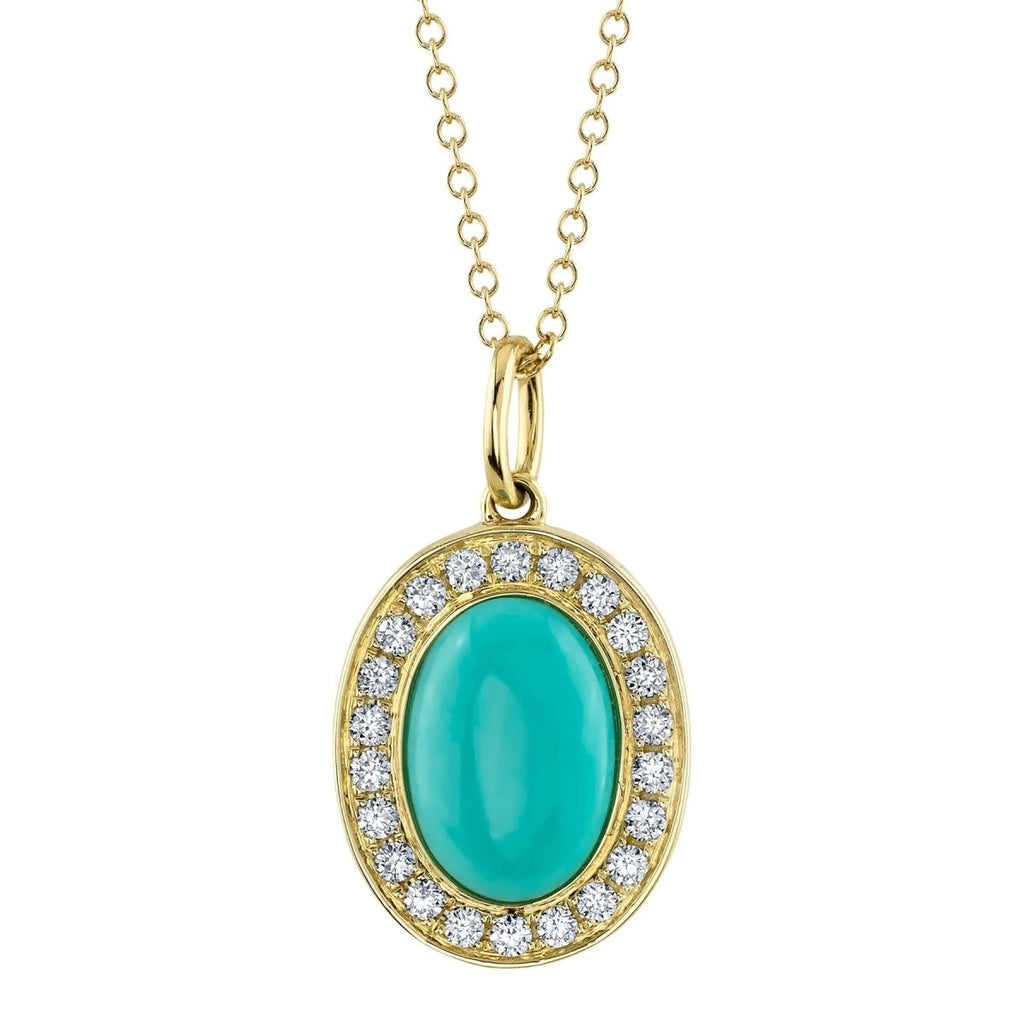 SHY Creation Turquoise and Diamond Halo Bezel Pendant Necklace in 14K Yellow Gold (1.84ctw) - MJ Christensen Diamonds