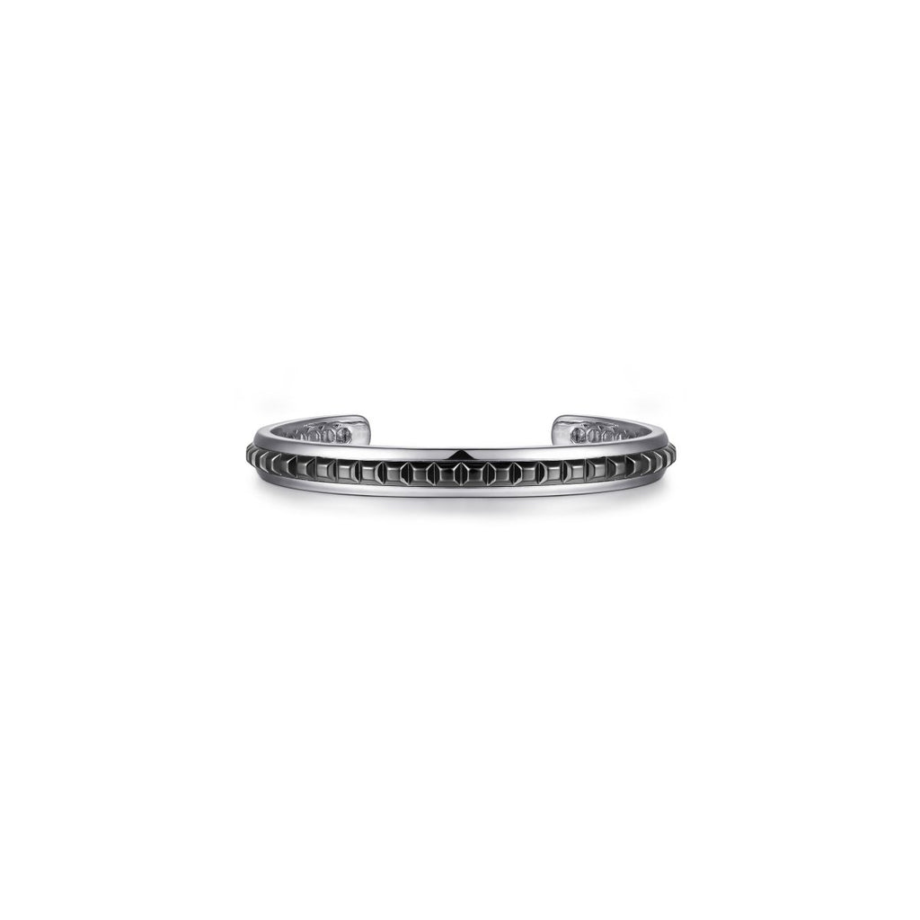 Sterling Silver Black Grommet Inlay Cuff Men's Bangle Bracelet in Silver - MJ Christensen Diamonds
