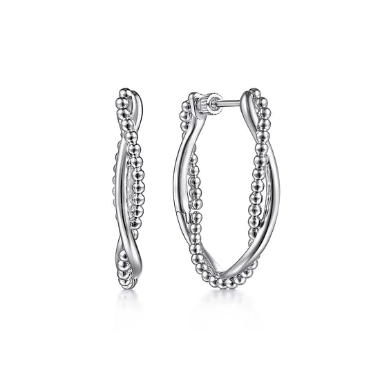 Sterling Silver Oval Twist Bead Medium Hoop Earrings - MJ Christensen Diamonds