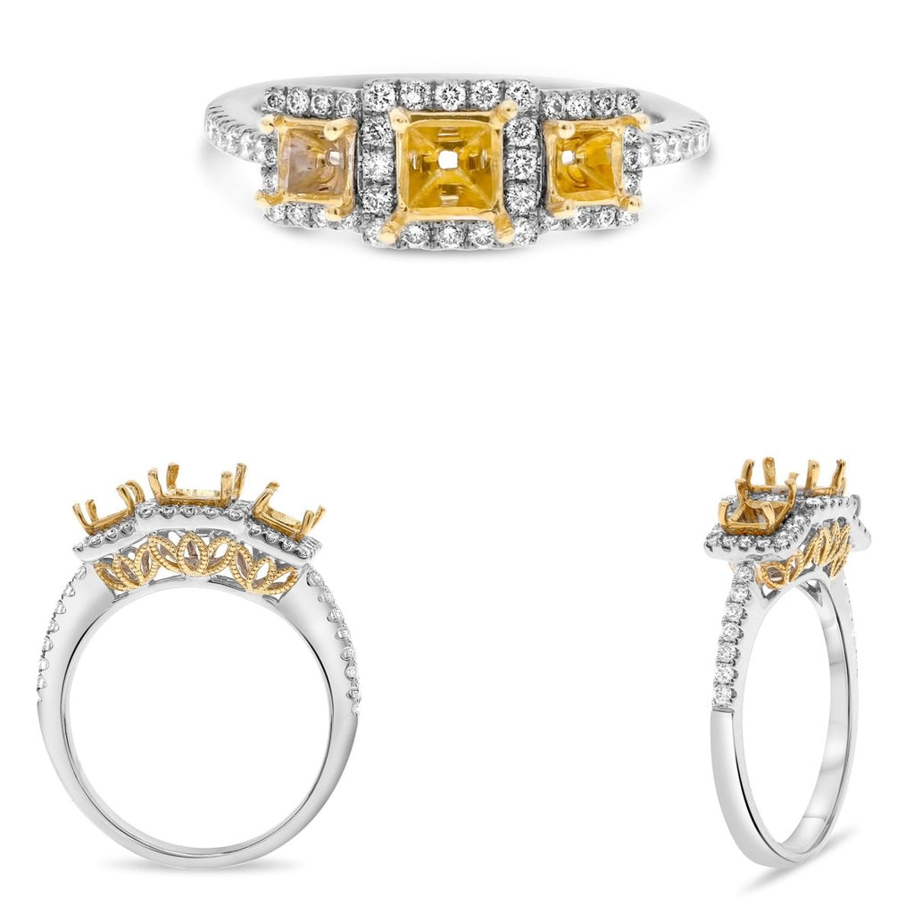 Three Stone Halo Diamond Engagement Ring in 18K White Gold (1.36ctw) - MJ Christensen Diamonds