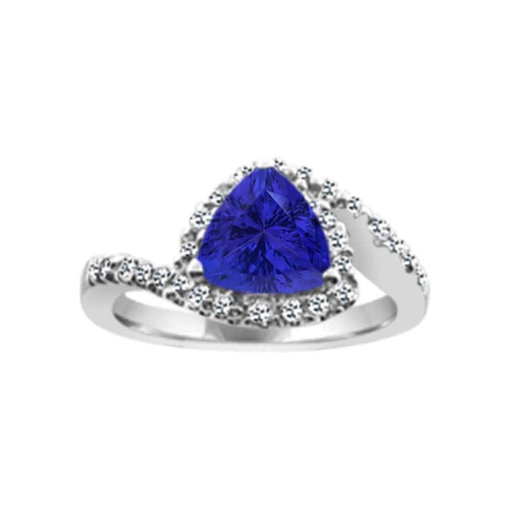 Trillion Tanzanite and Diamond Halo Bypass Ring in 14K White Gold (1.27ctw) - MJ Christensen Diamonds