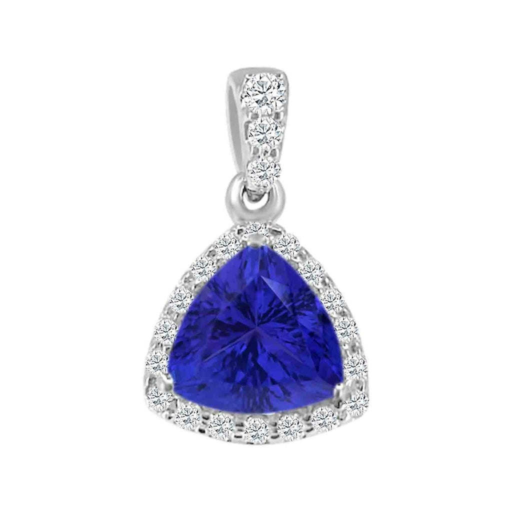 Trillion Tanzanite and Diamond Halo Pendant Necklace in 14K White Gold (1.19ctw) - MJ Christensen Diamonds